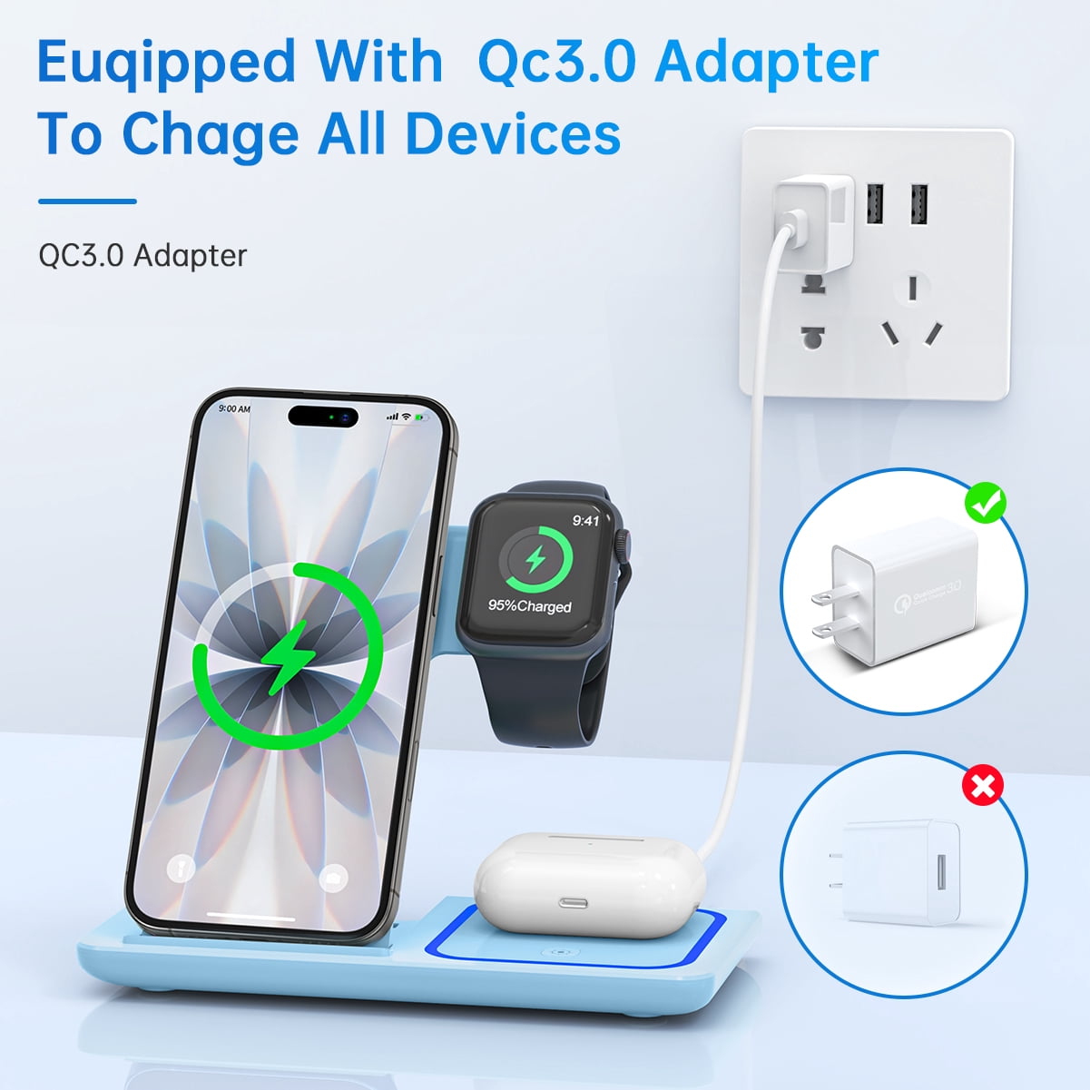 Cshiworld Wireless Charger for Iphone Multiple Devices, 18W 3 in 1 Wireless Iphone Charging Station for Iphone 17 16E 15 14 13 12 11 Pro Max, Iwatch 11 10 9 8 7 6 5 4 3 SE, Airpods 4 3 2 Pro (Blue)