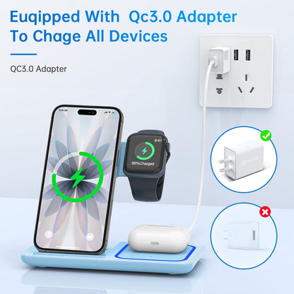 Cshiworld Wireless Charger for Iphone Multiple Devices, 18W 3 in 1 Wireless Iphone Charging Station for Iphone 17 16E 15 14 13 12 11 Pro Max, Iwatch 11 10 9 8 7 6 5 4 3 SE, Airpods 4 3 2 Pro (Blue)