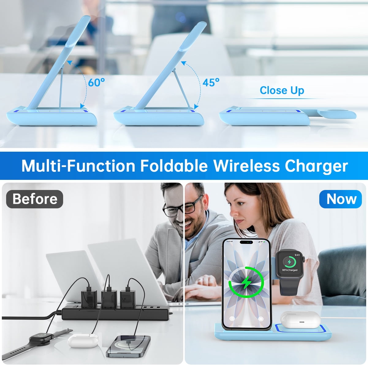 Cshiworld Wireless Charger for Iphone Multiple Devices, 18W 3 in 1 Wireless Iphone Charging Station for Iphone 17 16E 15 14 13 12 11 Pro Max, Iwatch 11 10 9 8 7 6 5 4 3 SE, Airpods 4 3 2 Pro (Blue)