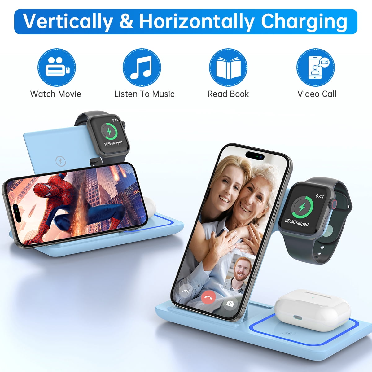 Cshiworld Wireless Charger for Iphone Multiple Devices, 18W 3 in 1 Wireless Iphone Charging Station for Iphone 17 16E 15 14 13 12 11 Pro Max, Iwatch 11 10 9 8 7 6 5 4 3 SE, Airpods 4 3 2 Pro (Blue)