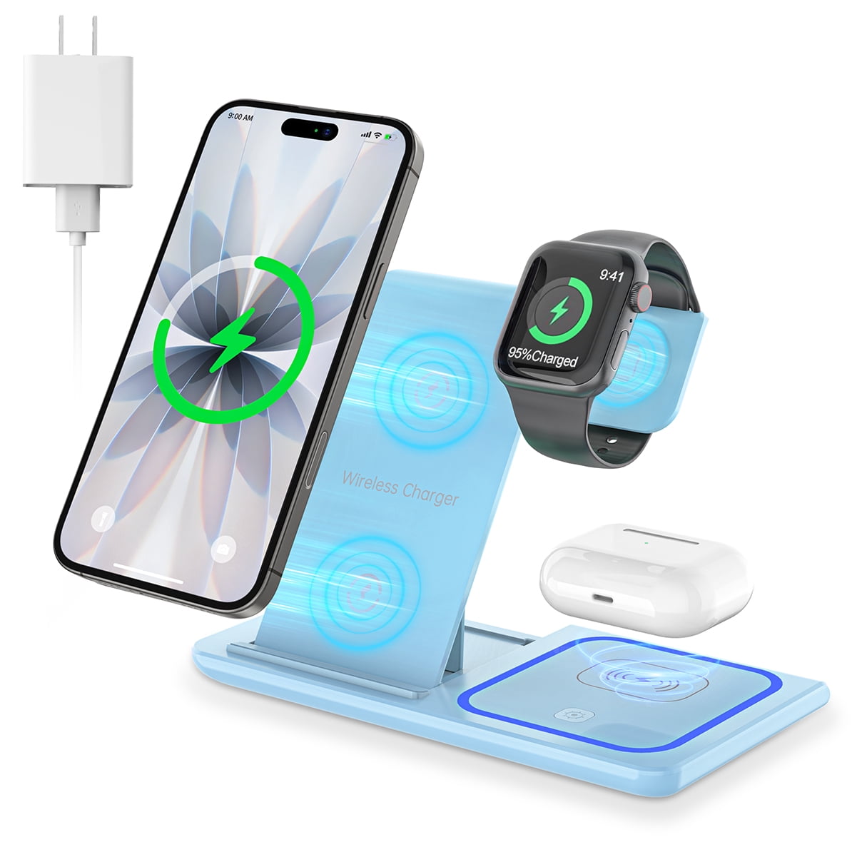 Cshiworld Wireless Charger for Iphone Multiple Devices, 18W 3 in 1 Wireless Iphone Charging Station for Iphone 17 16E 15 14 13 12 11 Pro Max, Iwatch 11 10 9 8 7 6 5 4 3 SE, Airpods 4 3 2 Pro (Blue)