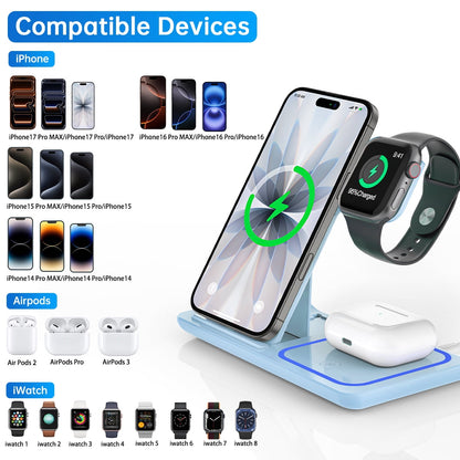 Cshiworld Wireless Charger for Iphone Multiple Devices, 18W 3 in 1 Wireless Iphone Charging Station for Iphone 17 16E 15 14 13 12 11 Pro Max, Iwatch 11 10 9 8 7 6 5 4 3 SE, Airpods 4 3 2 Pro (Blue)