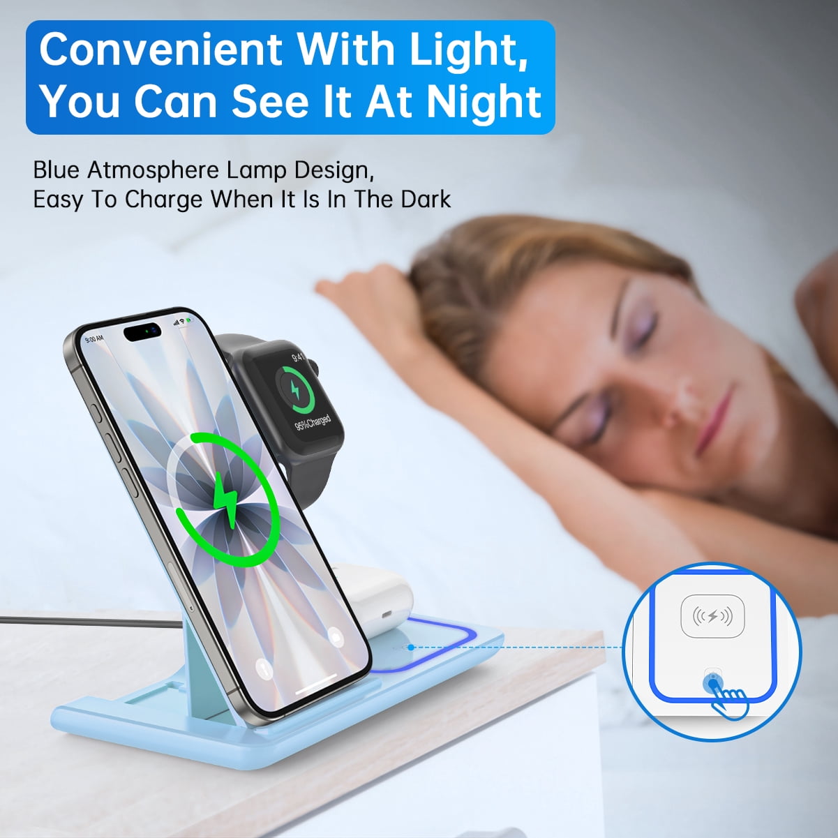 Cshiworld Wireless Charger for Iphone Multiple Devices, 18W 3 in 1 Wireless Iphone Charging Station for Iphone 17 16E 15 14 13 12 11 Pro Max, Iwatch 11 10 9 8 7 6 5 4 3 SE, Airpods 4 3 2 Pro (Blue)
